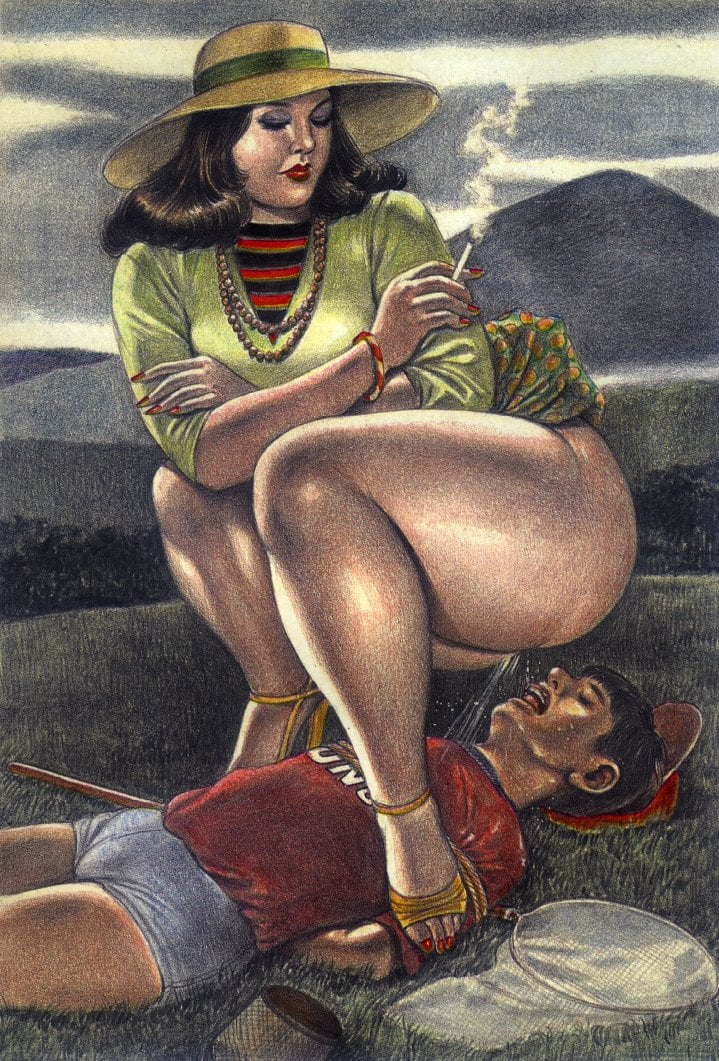 namio harukawa's color drawing of a smoking female with a big butt peeing on a tied male