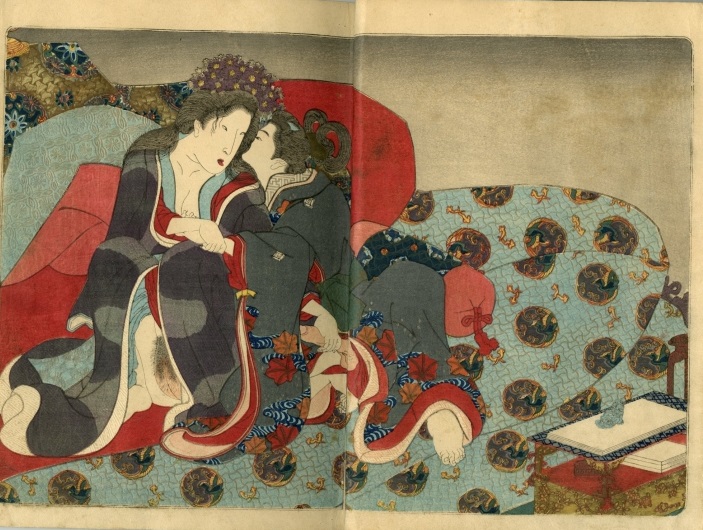 Utagawa Kunisada: Mature geisha jerking off a young adolescent male