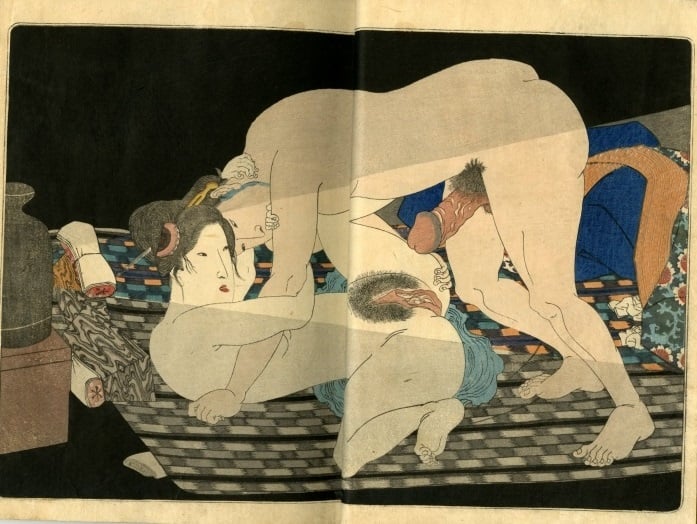 Utagawa Kunisada: A nude couple is caught when the door of their darkened room is opened