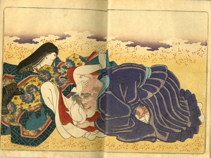 Utagawa Kunisada: Older monk performs cunnilingus on a female courtier 