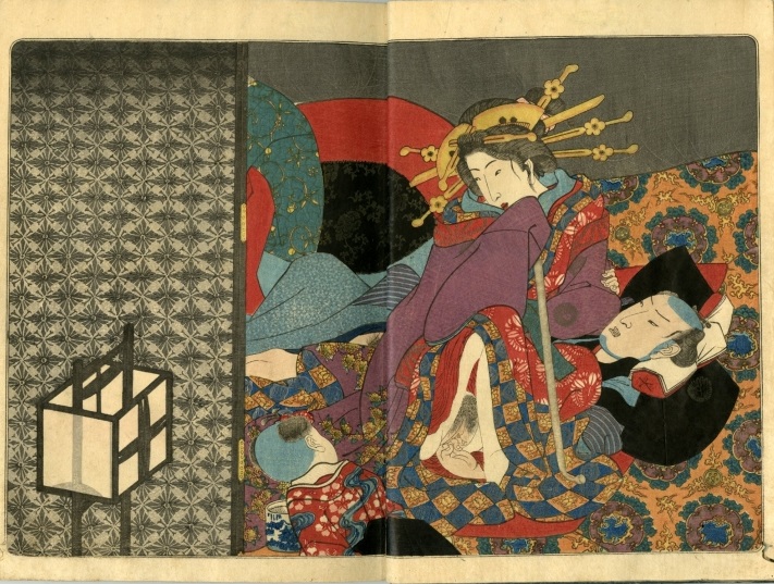 Utagawa Kunisada: An oiran and client try to hide their intimate actions from the toddler in the foreground