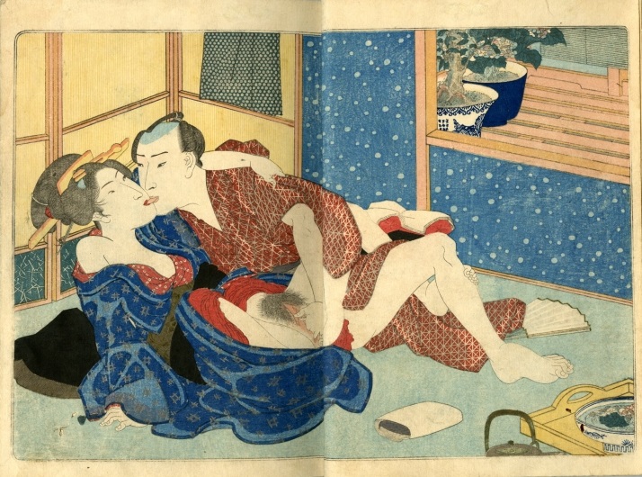 Utagawa Kunisada: A male kissing his lover while caressing her private parts