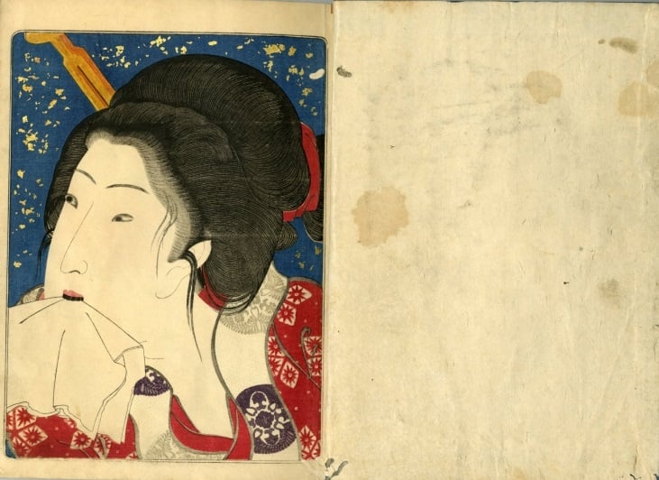 Utagawa Kunisada: Okubi-e of a geisha with black teeth (ohaguro) biting a tissue