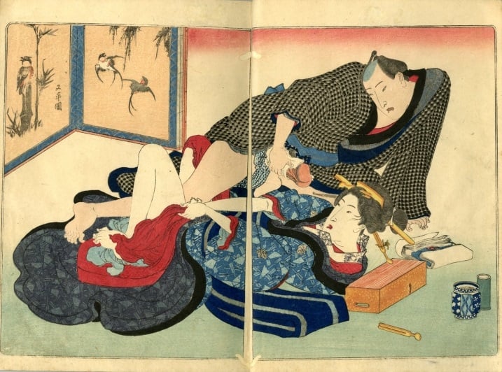 Utagawa Kunisada: A male lover cleaning his penis after intercourse