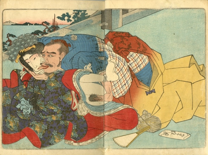 Utagawa Kunisada: An obtrusive wealthy client tries to stick his tongue in to the mouth of the reluctant geisha while penetrating her vagina with almost his entire hand