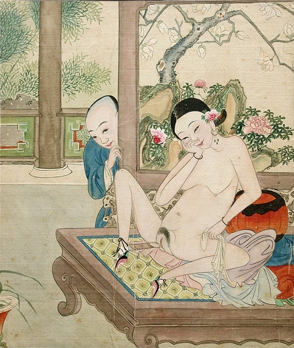 lotus shoes: painting with a Nude girl playing with herself using a dildo attached to her ankle. She is observed by a man standing behind a screen