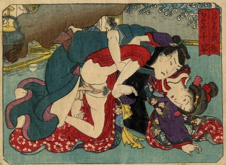 Couple in the doggy-style pose. Striking are the thick plumes of smoke and the clawed waves depicted on the back wall by Utagawa school