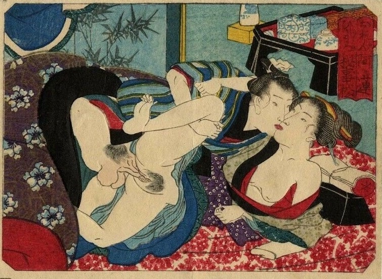 Koban shunga scene with A secret encounter between a geisha and a young male lover by Utagawa school