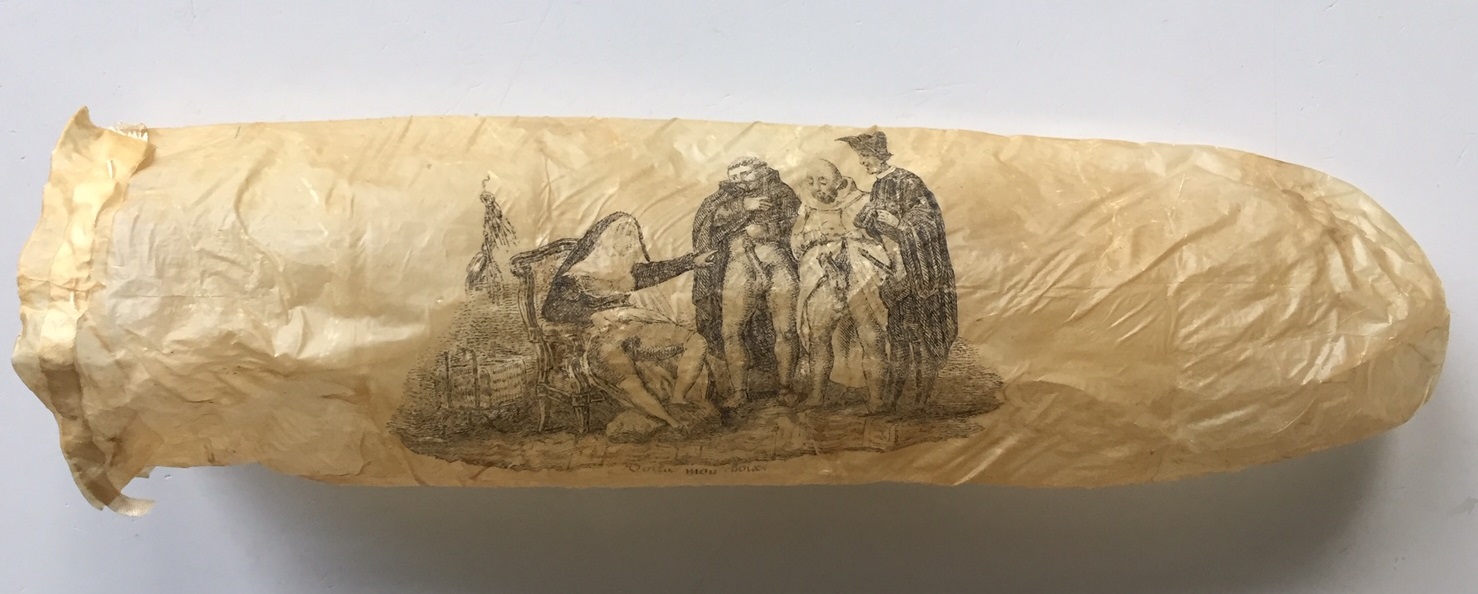 sheep gut condom with an engraving depicting a nun and three horny clergyman