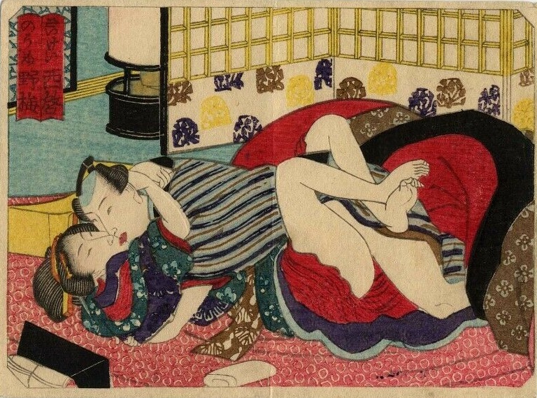 A conventional scene with a kissing couple in the missionary pose avoiding the depiction of genitals. Their passion is accentuated by the fallen taka-makura (geisha pillow) in the below left corner by Utagawa school