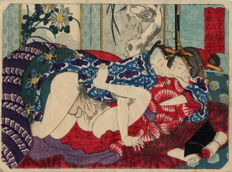 Utagawa school design with passionate encounter and a heron standing on a snowy branch enhances the sensual atmosphere 