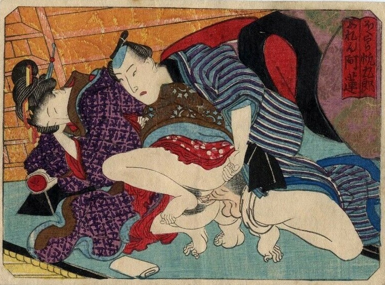 Impromptu intimate encounter at a staircase by Utagawa school