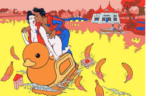 intimate couple on a duck boat surrounded by floating bananas in a river by pigo lin