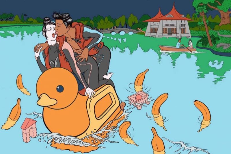 pigo lin: intimate couple on a duck boat surrounded by floating bananas in a river 
