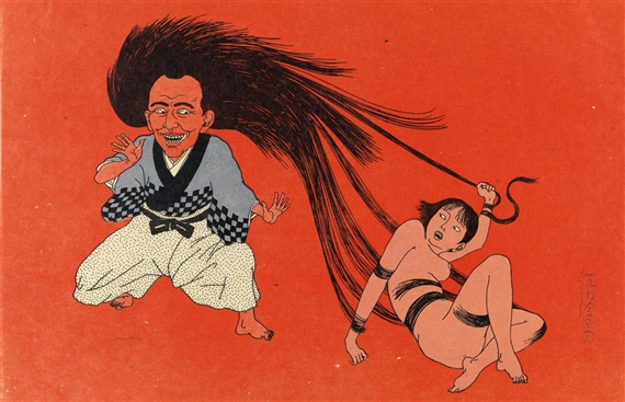 print featuring a red faced male with moving hair grabbing a nude girl by Toshio Saeki 