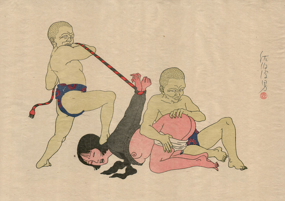 painting by toshio saeki with a tied female and two bald headed males