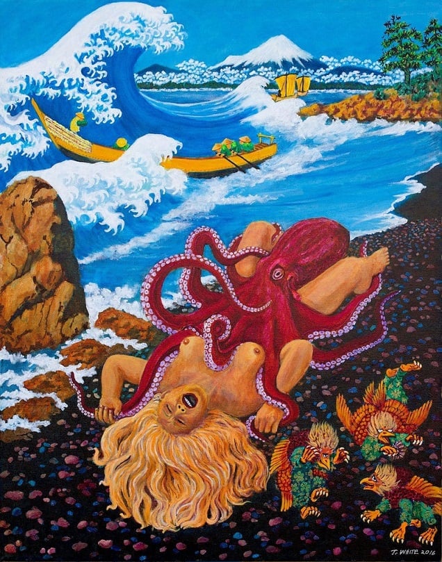 Nude female on the beach with an octopus and three tengu demons and Great Wave
