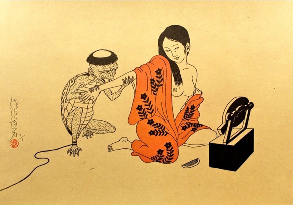 print with Tied kappa biting the arm of a young girl sitting in front of a mirror by Toshio Saeki