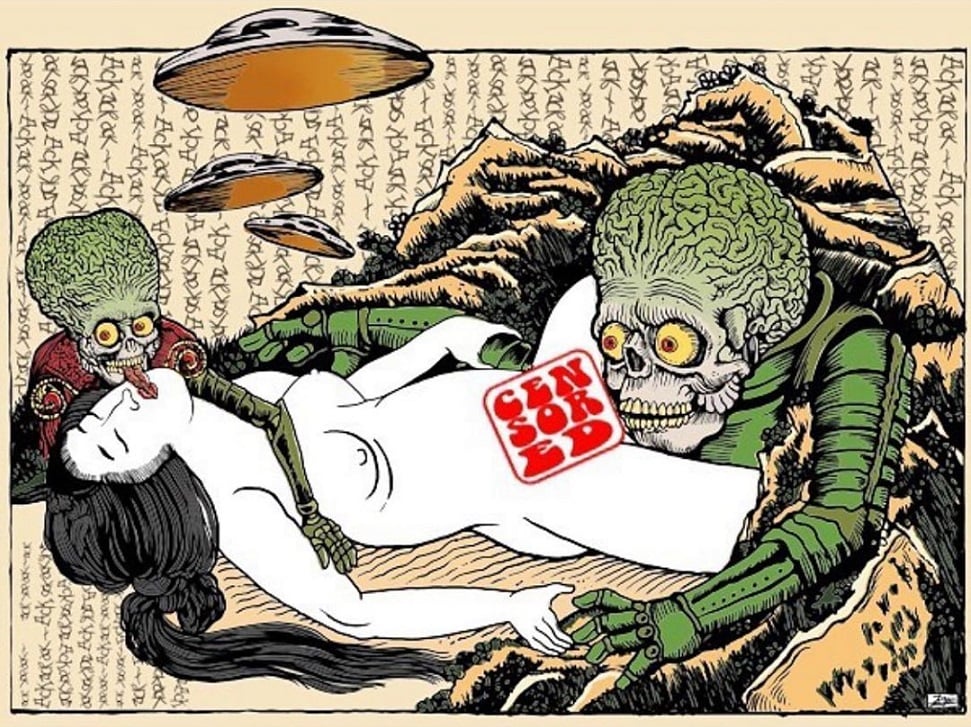 illustration Mars attacks meets Hokusai with brainy alien and ufo's by Zug art