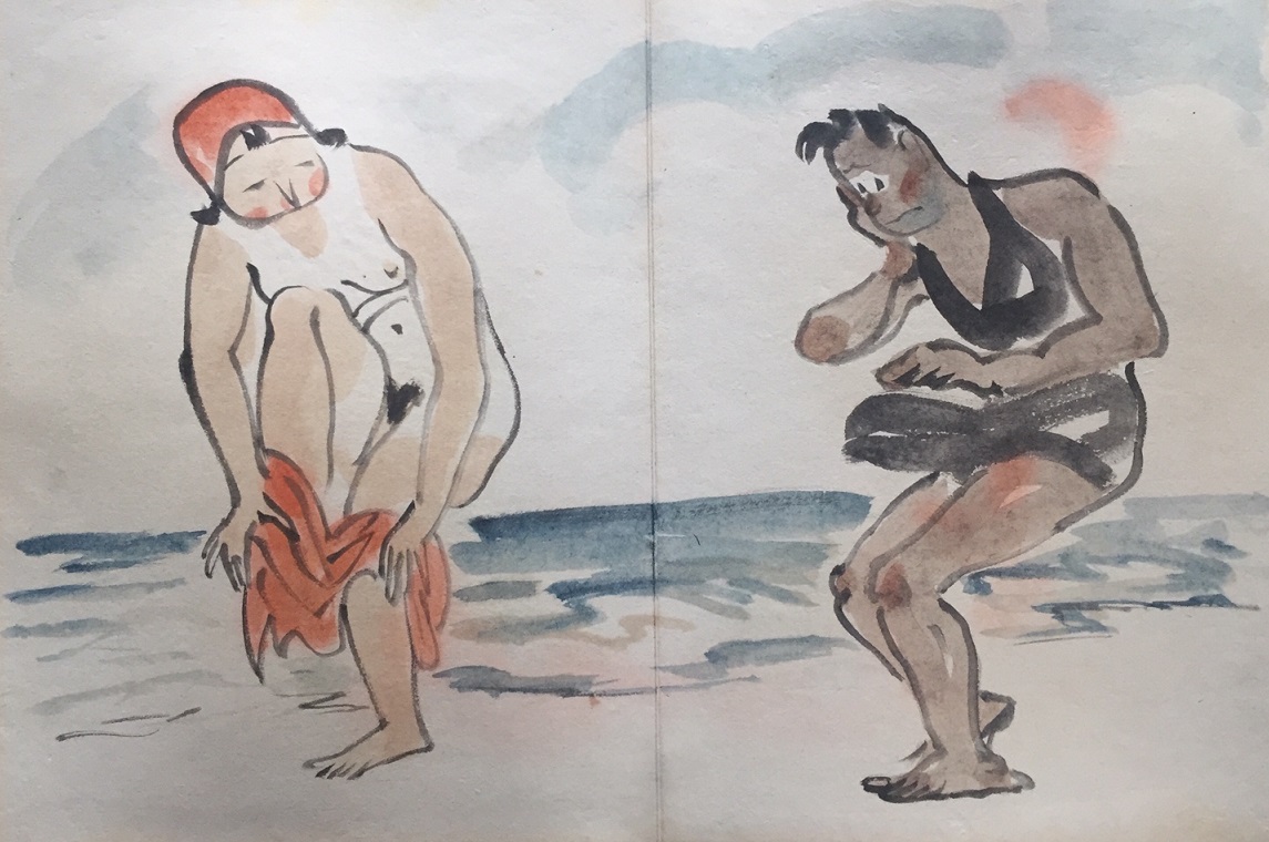 painting with hilarious beach scene with embarrassed male trying to hide his erection 