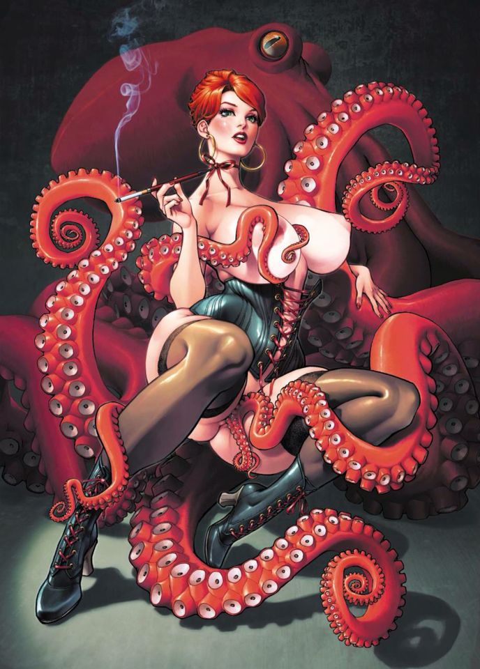 giant red octopus caressing the boobs and vulva of a smoking pin-up girl