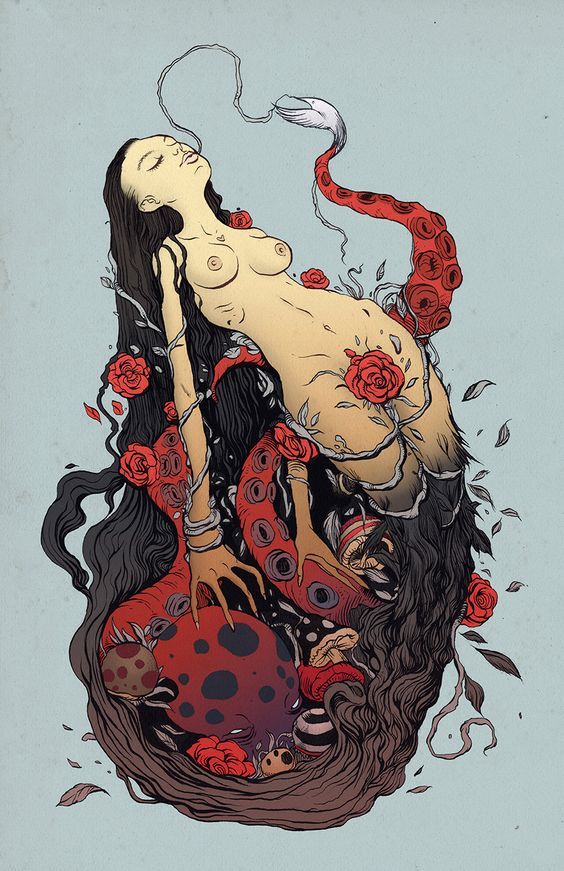 nude female with long hair and a venus rose with red octopus 