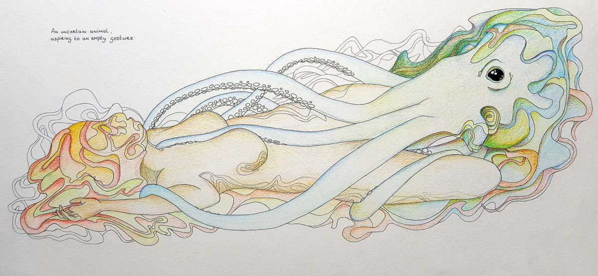 long horizontal painting with octopus caressing a nude women by Arjan Winkelaar