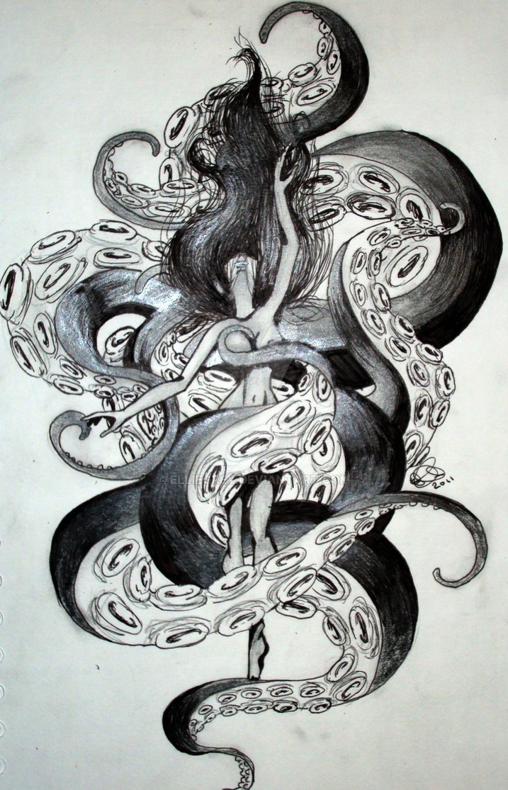 dancing nude female with towering octopus behind her
