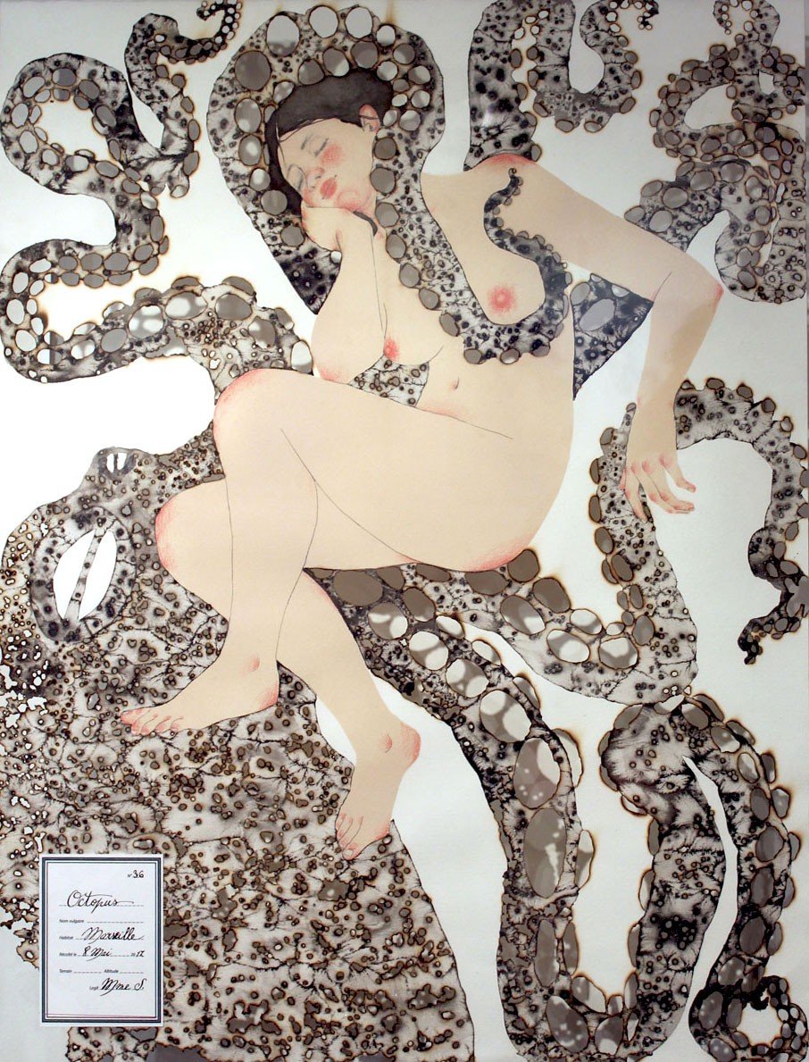 sleeping nude girl surrounded by tentacles by Mme S