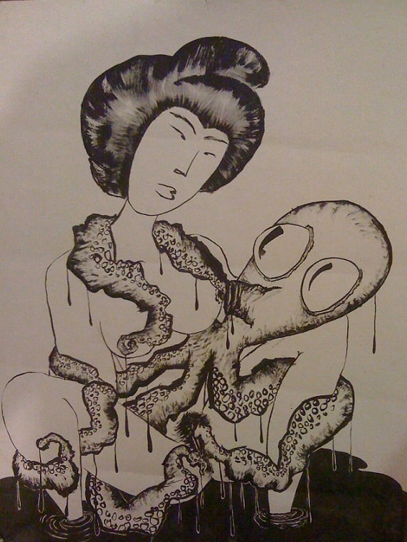 black and white drawing of Japanese girl and funny octopus
