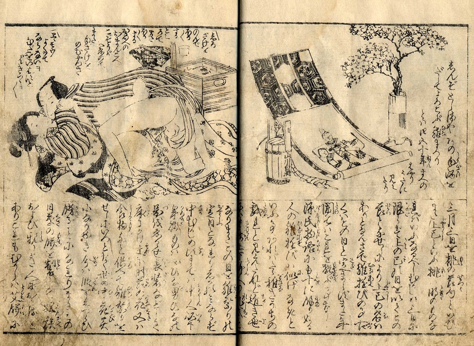 prints portraying an intimate couple and scroll with noh actor