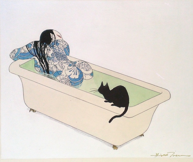 tattooed girl with pointed ears sitting backwards in a bathtub while a black cat observes her ass by Takeda Hideo
