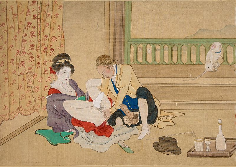 Painting depicting a Dutchman with a Japanese courtesan and a monkey