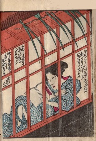 A young mesmerized woman is seen through the latticed windows of a brothel reading a shunga book