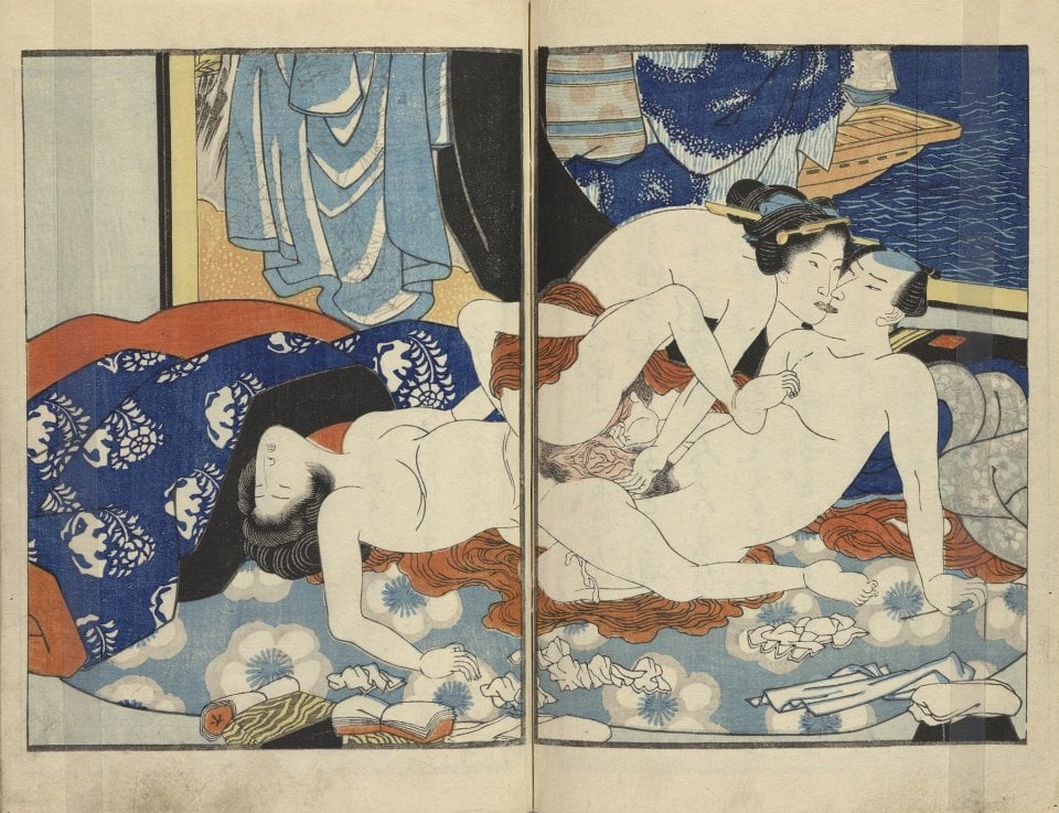 Acrobatic threesome' (c.1830) from the series 'Tsukushi matsufuji no shiragami (The Matsufuji Weir in Kyushu)' by Utagawa Kuniyoshi 