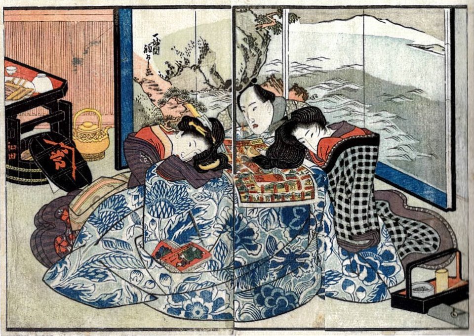 Playing sugoroku on a kotatsu by Kuniyoshi