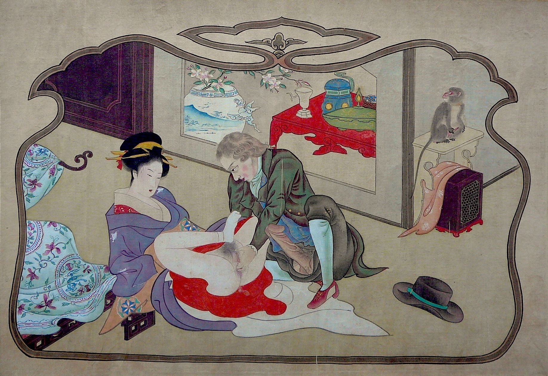 Dutchman caressing the private parts of a Japanese courtesan by Hosoda Eishi