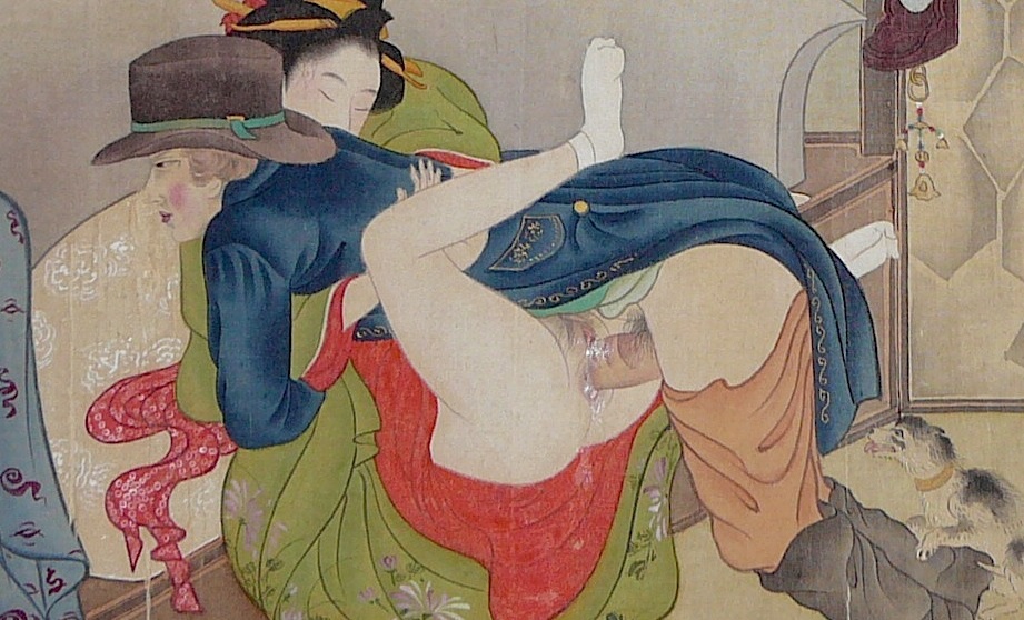 Painting depicting a copulating Dutchman a Nagasaki geisha and a humping dog by Hosoda Eishi 