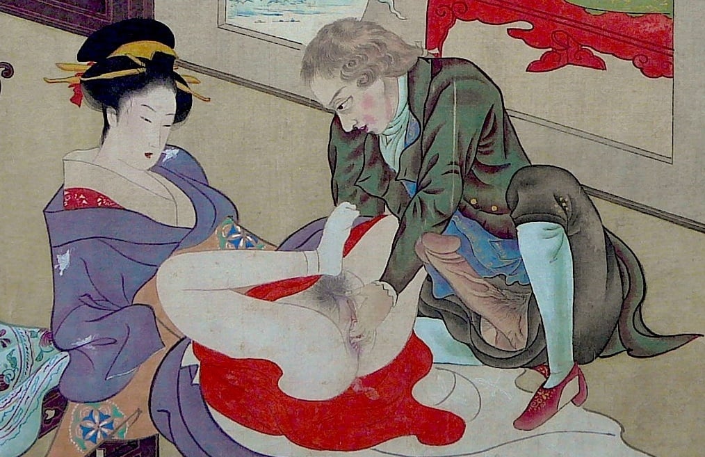 detail of a painting with a Dutchman caressing the private parts of a Japanese courtesan by Hosoda Eishi