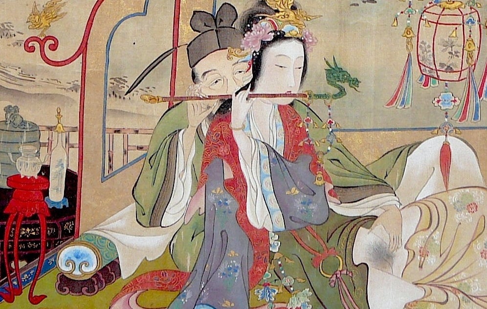 detail of a Hosoda Eishi painting depicting an Imperial couple playing the flute 