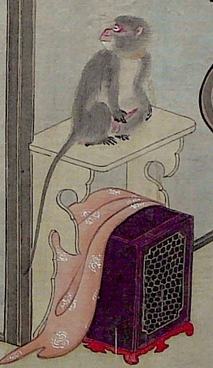 masturbating monkey sitting above his purple cage by Hosoda Eishi