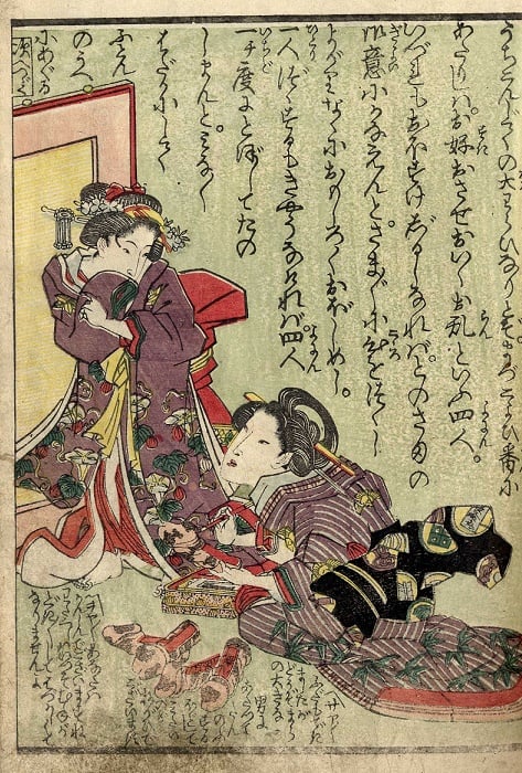 A secret chat between two young geisha. One of them paints a harigata (dildo)