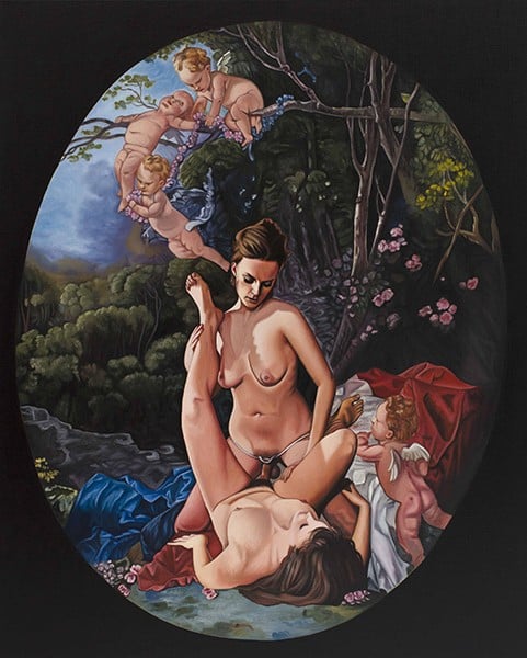 female making love to another female using a strap-on dildo surrounded by cherubs by Sadie Lee