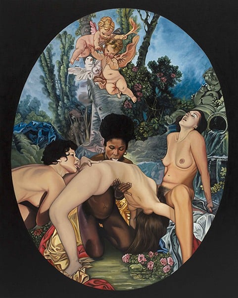 lesbian quartet with three white and one black female with two flying cherubs by sadie lee