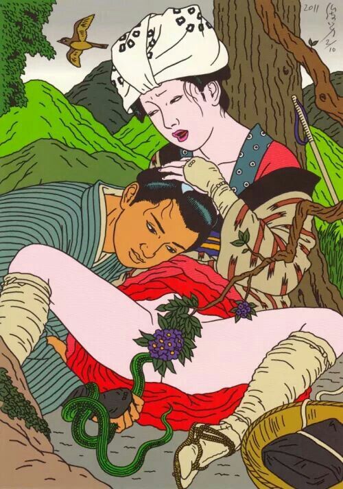female laborer holding the head of her lover holding a snake to her private parts by toshio saeki