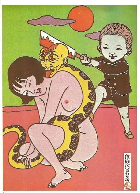 bald-headed child smashing the head of a yellow snake molesting a nude girl with a butcher knife by toshio saeki 