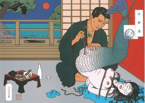 a man examines the private parts of a tied mermaid with a twig by toshio saeki