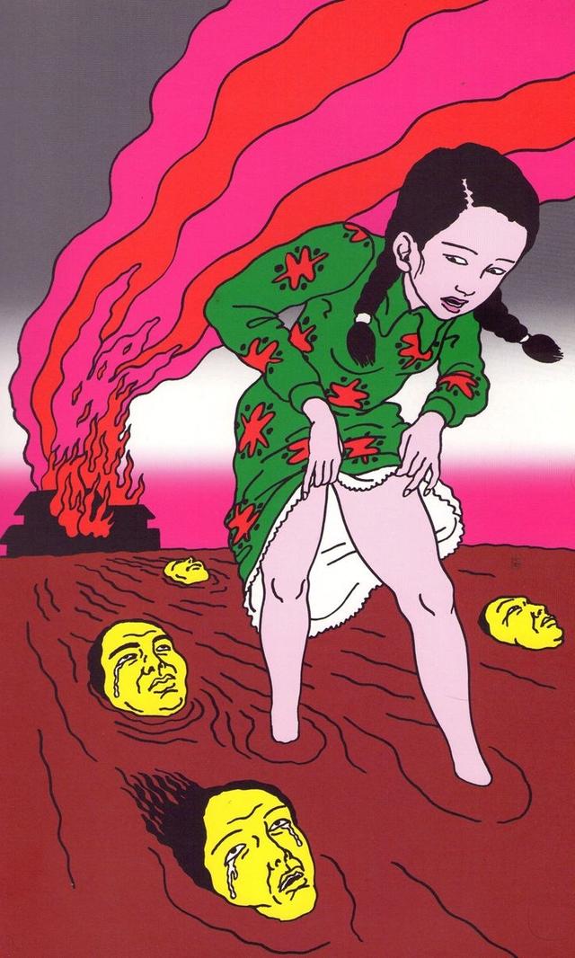 toshio saeki art with a girl walking in brown colored river while the crying head of her family float by and a burning house in the background