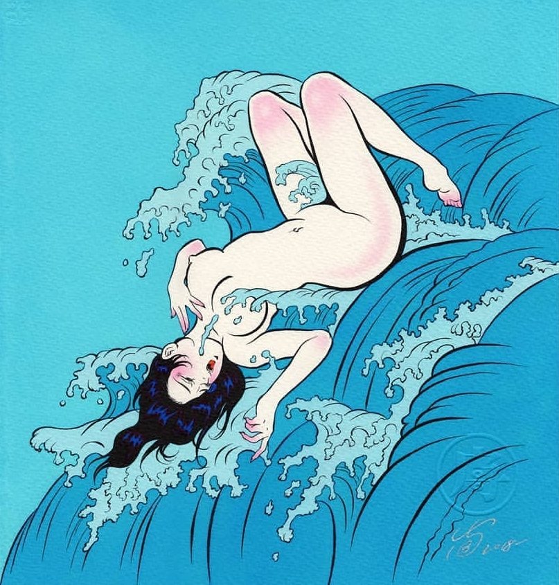 Pigo Lin painting of a nude female carried by giant waves