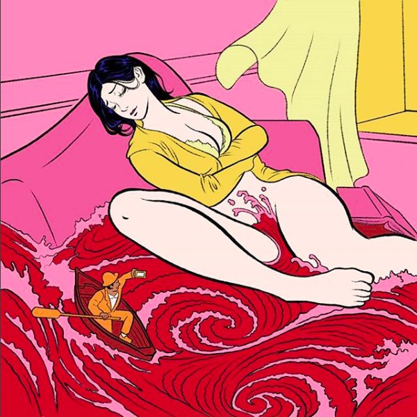 sleeping lady in a red sea with dwarf in a boat taking pictures of ther vulva by pigo lin